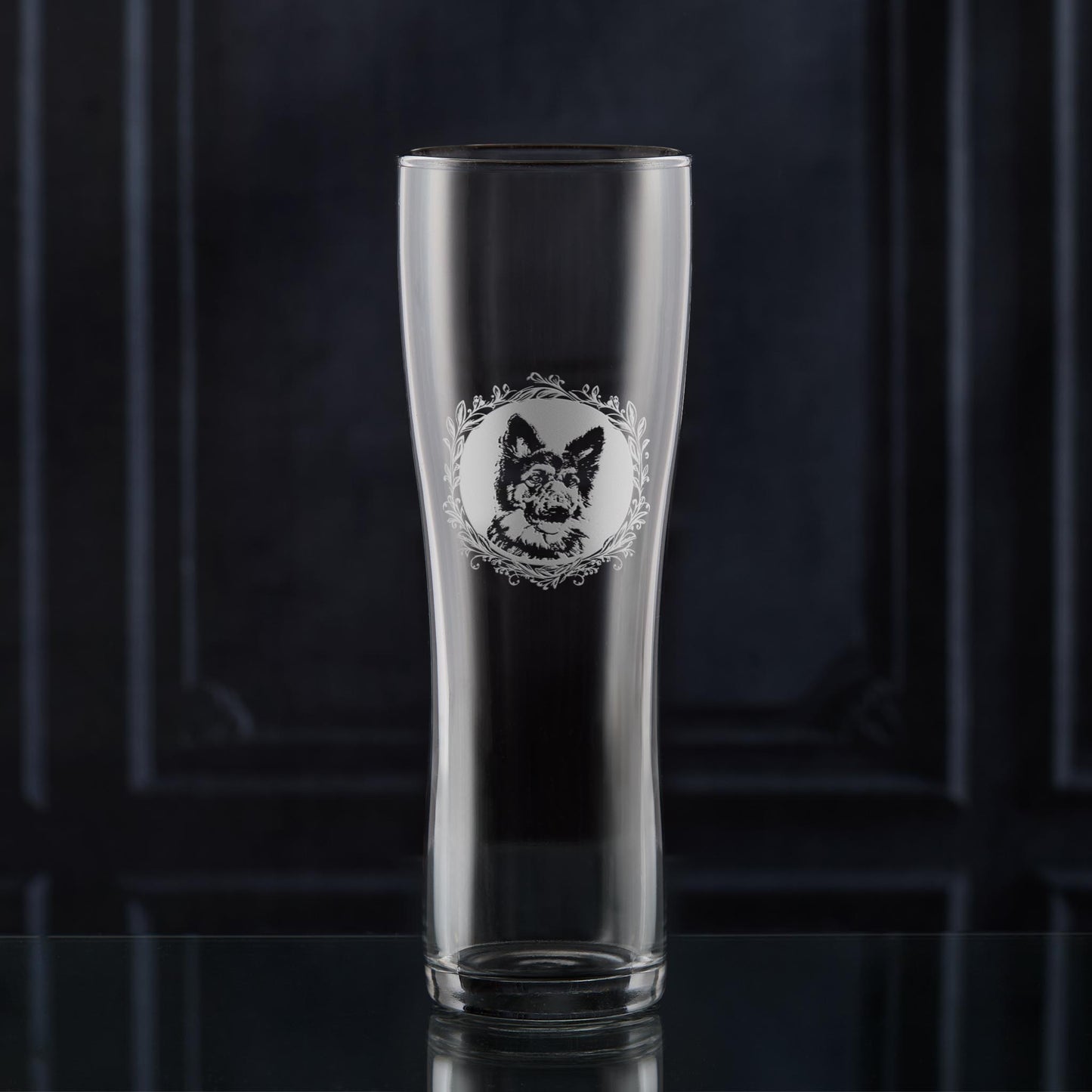 Pint Glass with engraved german shepherd portrait in circular frame with leafy garland