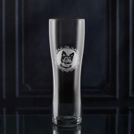 Pint Glass with engraved german shepherd portrait in circular frame with leafy garland
