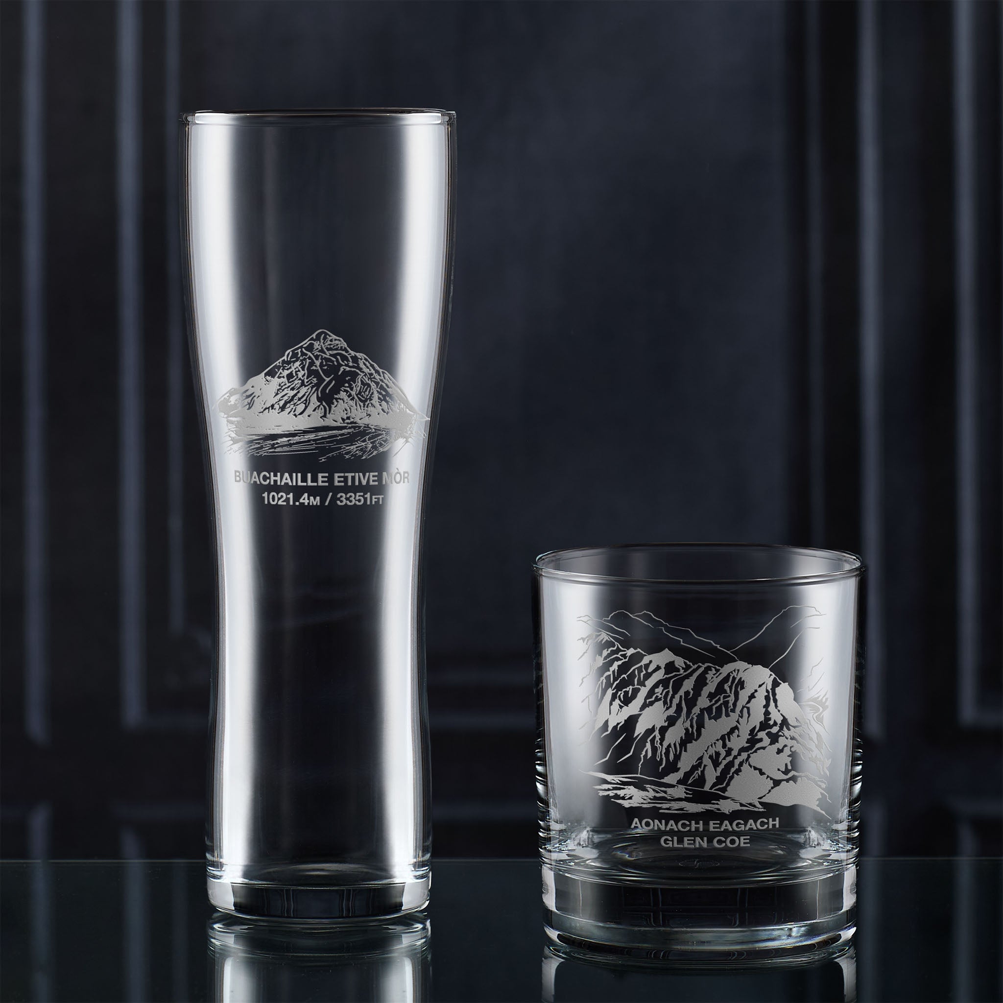 Aonach Eagach and Buachaille Etive Mor engraved beer and whisky gift set