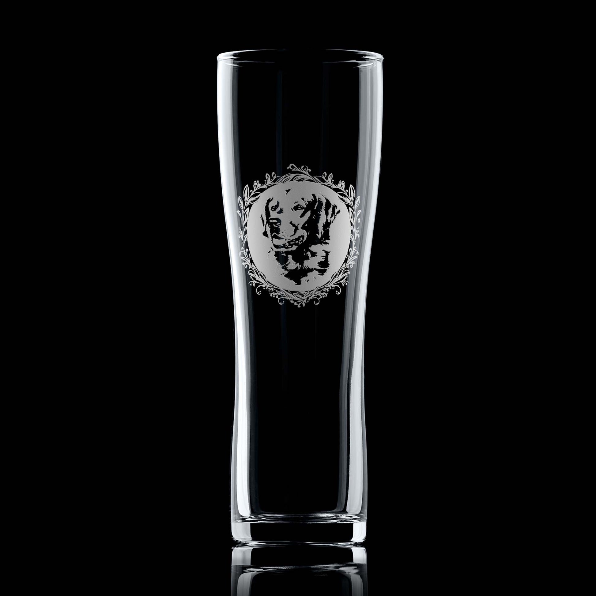 Pint Glass with engraved golden retriever terrier portrait in circular frame with leafy garland