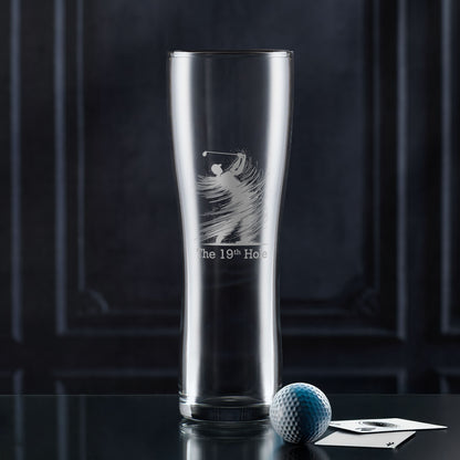 Pint glass engraved with golfer and the 19th Hole design