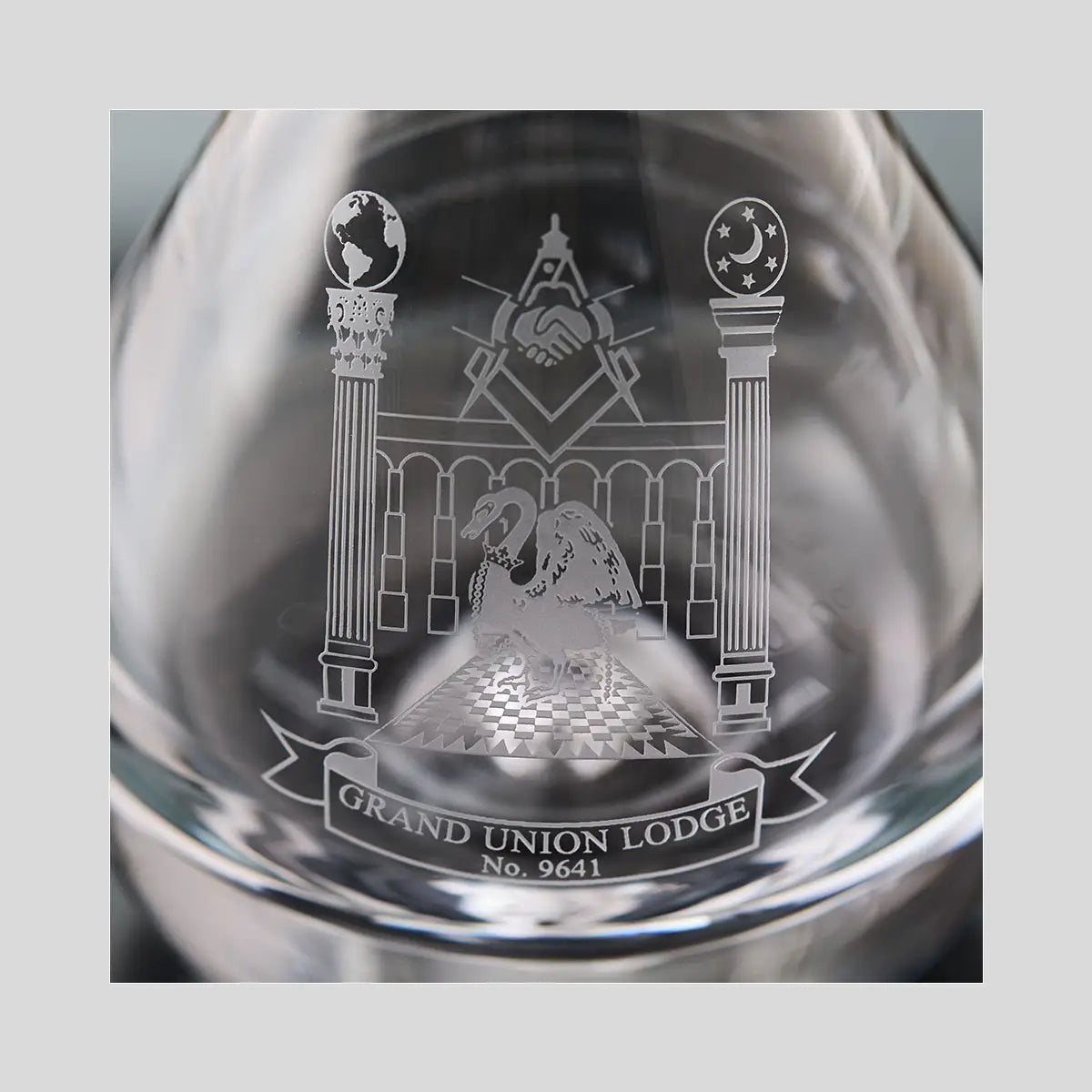 Finished wine decanter engraved with Grand Union Lodge Masonic crest — photographed in our Fife studio.