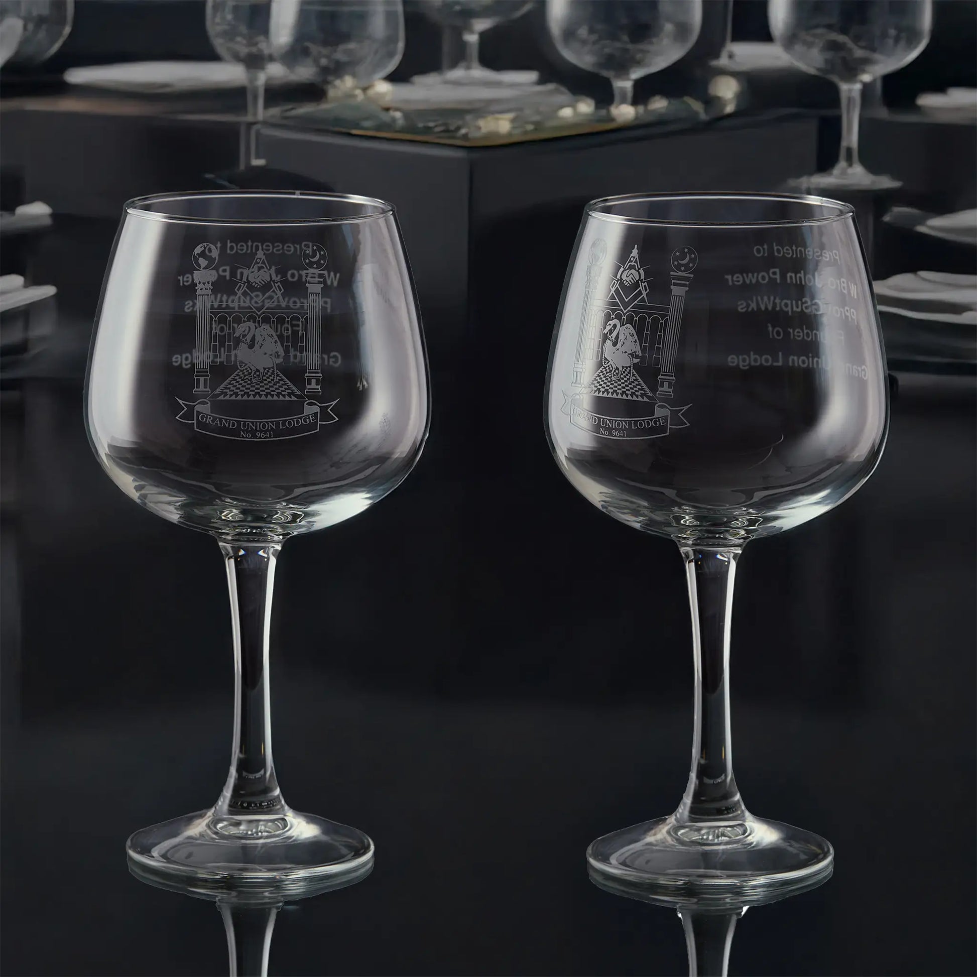 Masonic gin glass with personalised details and engraved lodge crest