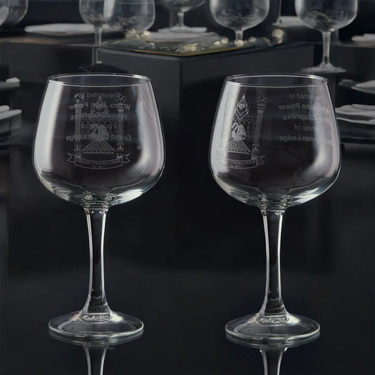 Masonic gin glass with personalised details and engraved lodge crest