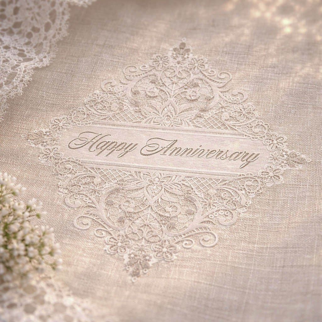 Decorative linen with 'Happy Anniversary' text on a textured fabric background