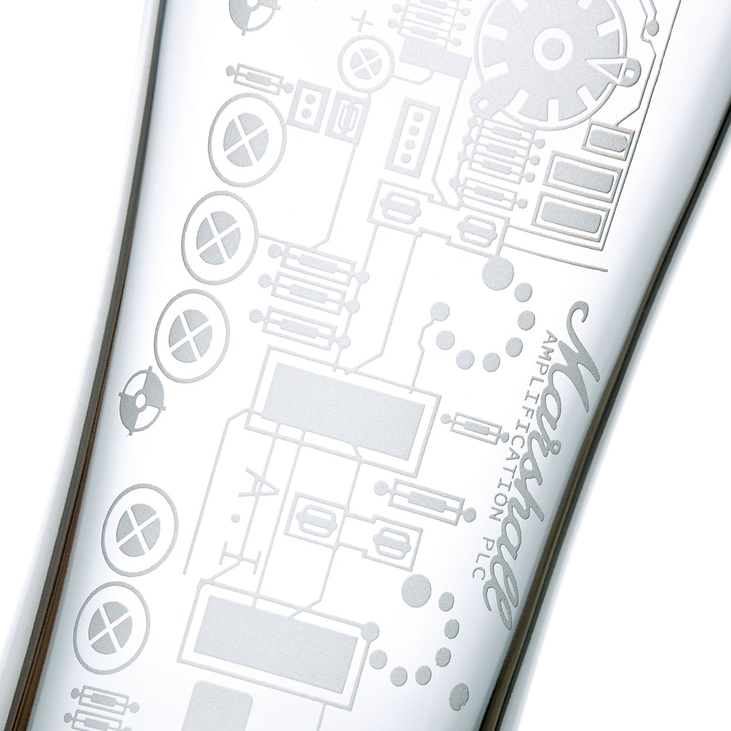 Close up image of guitar amp circuit glass on a white background, showing pilsner shape and engraved detail.