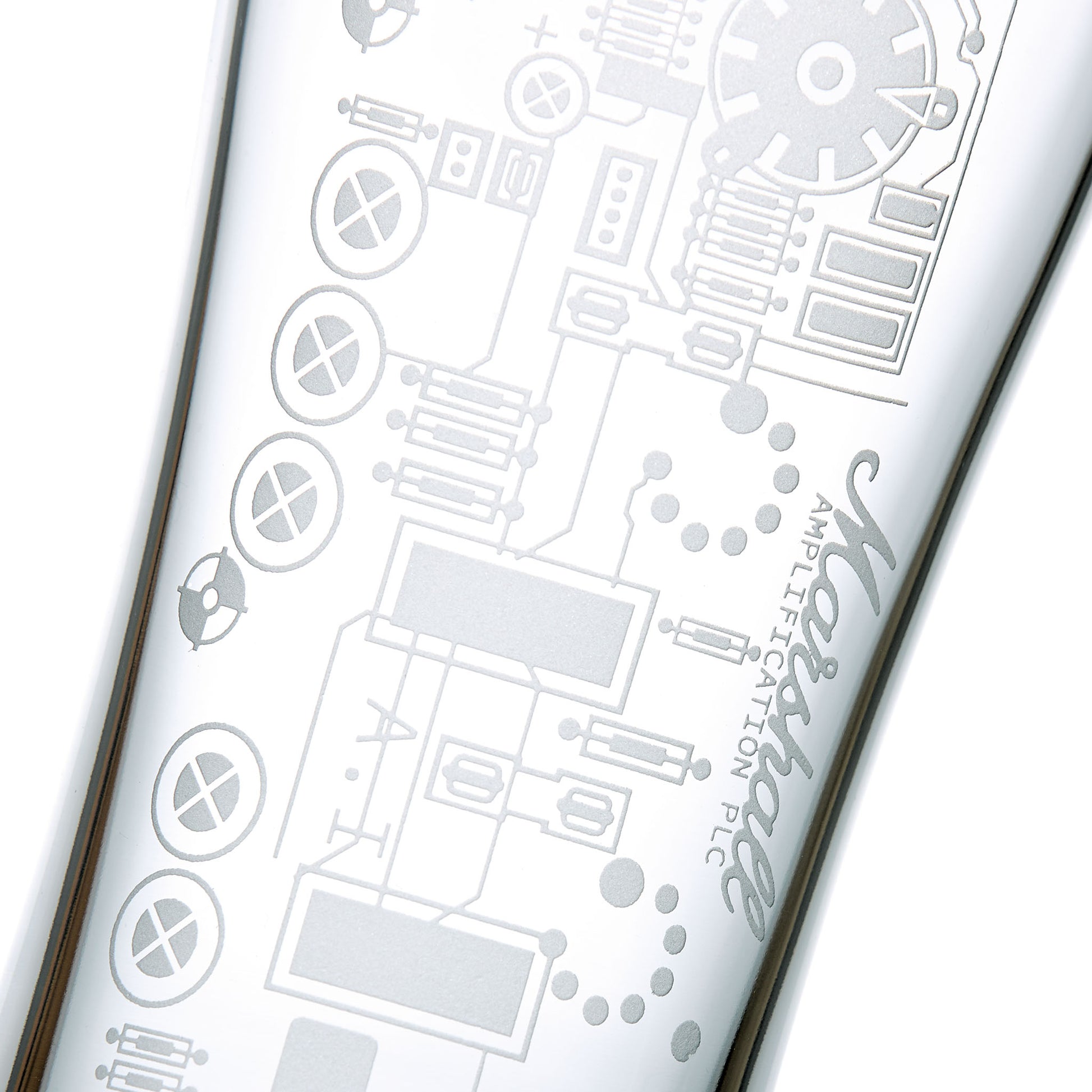 Close up image of guitar amp circuit glass on a white background, showing pilsner shape and engraved detail.