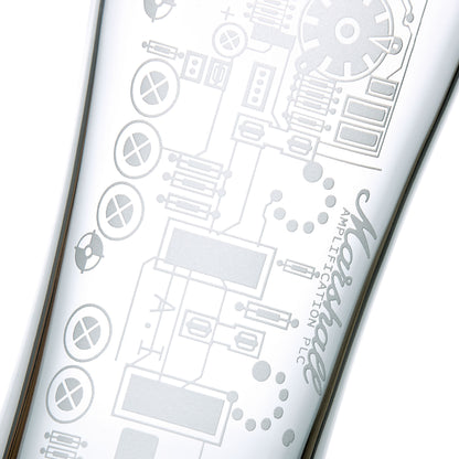 Close up image of guitar amp circuit glass on a white background, showing pilsner shape and engraved detail.