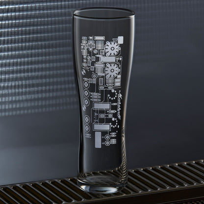 Guitar amp circuit pint glass on a blue background, showing pilsner shape and engraved detail.