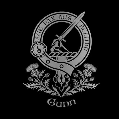 Engraved Gunn clan crest design — digital mock-up for reference; artwork engraved by Just The Ticket in our Fife studio