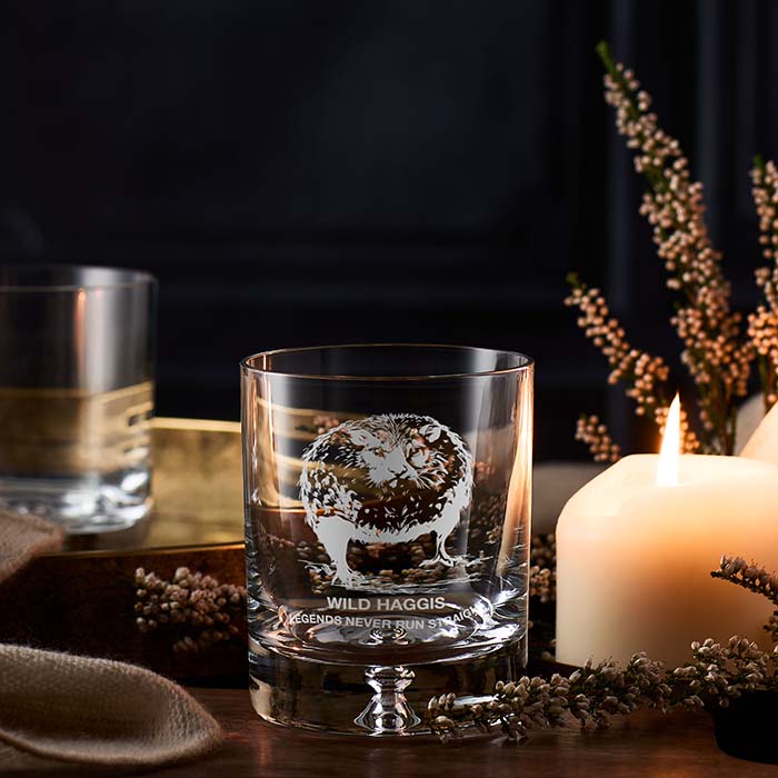 engraved whisky glass with haggis design