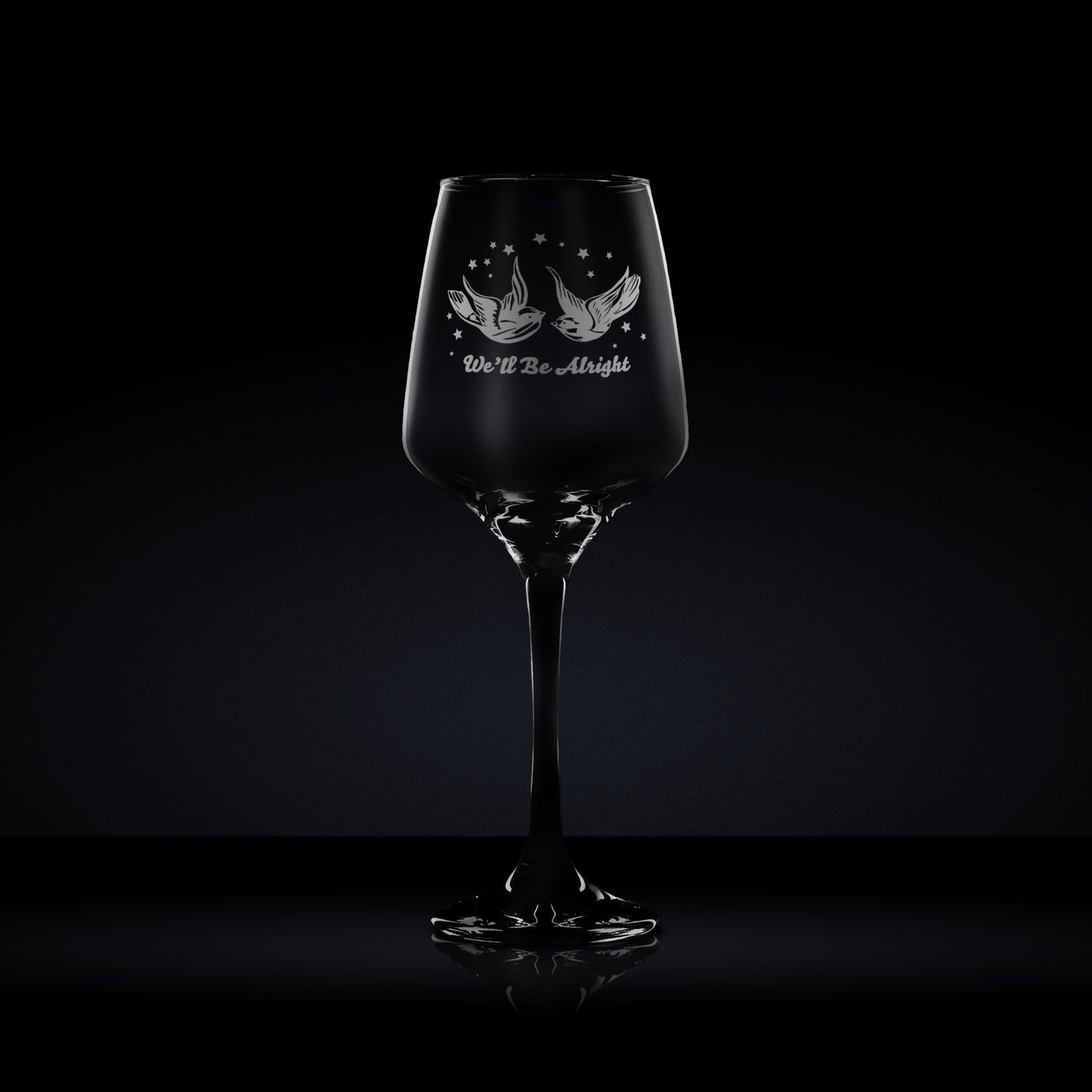 wine glass engraved with styles swallow tattoo and stars