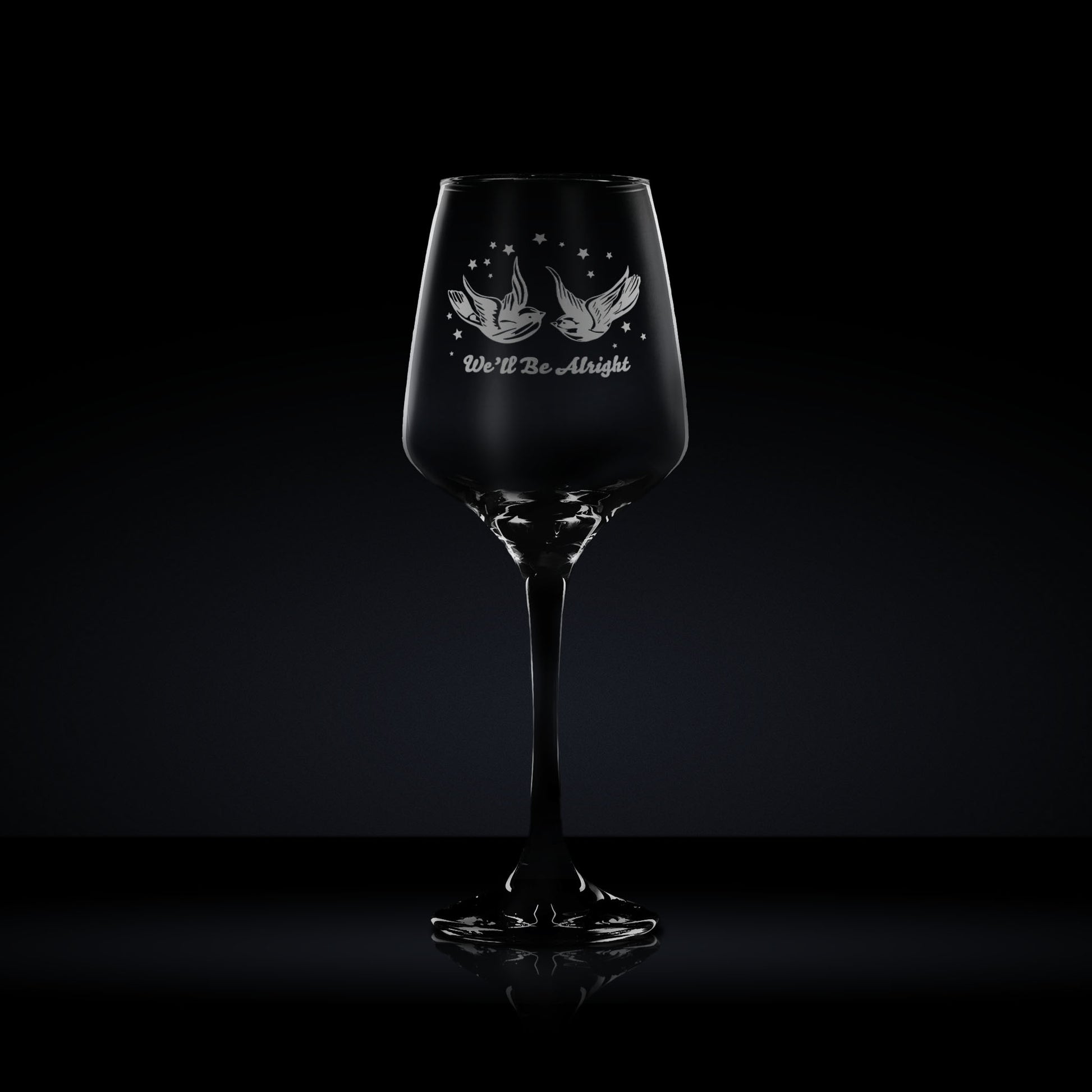 wine glass engraved with styles swallow tattoo and stars