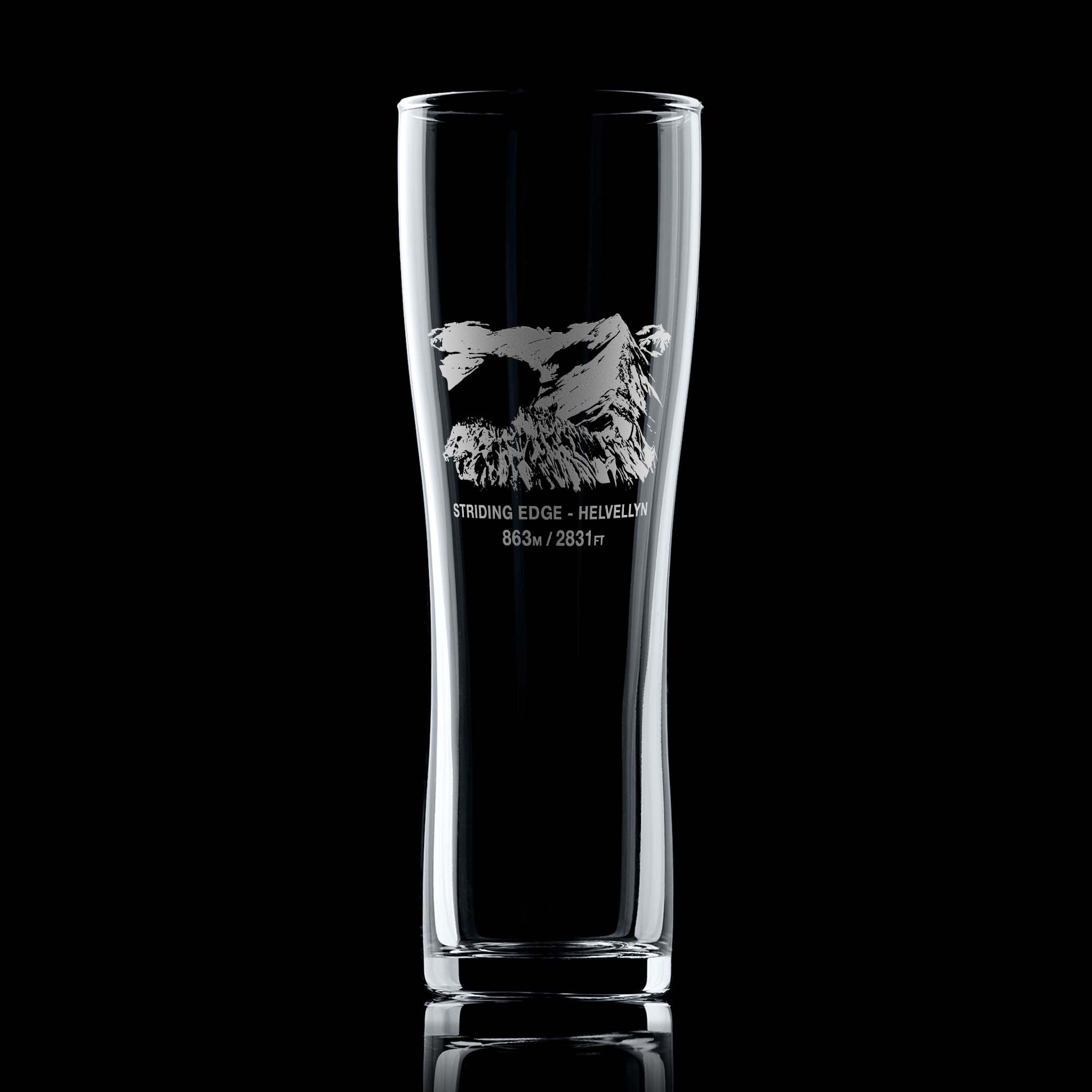 Tall pint glass engraved with Striding Edge arête, or narrow ridge, on Helvellyn,
