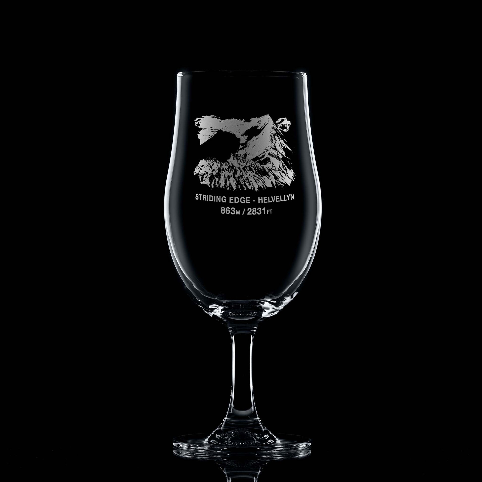 Pint stemmed beer glass engraved with Helvellyn's Striding Edge