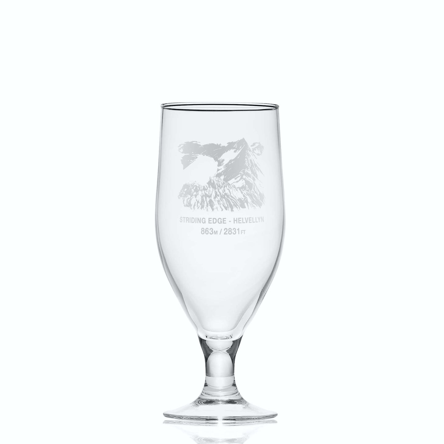 Small stemmed beer glass engraved with Striding Edge, Helvelyn, the third-highest peak in the Lake District, England