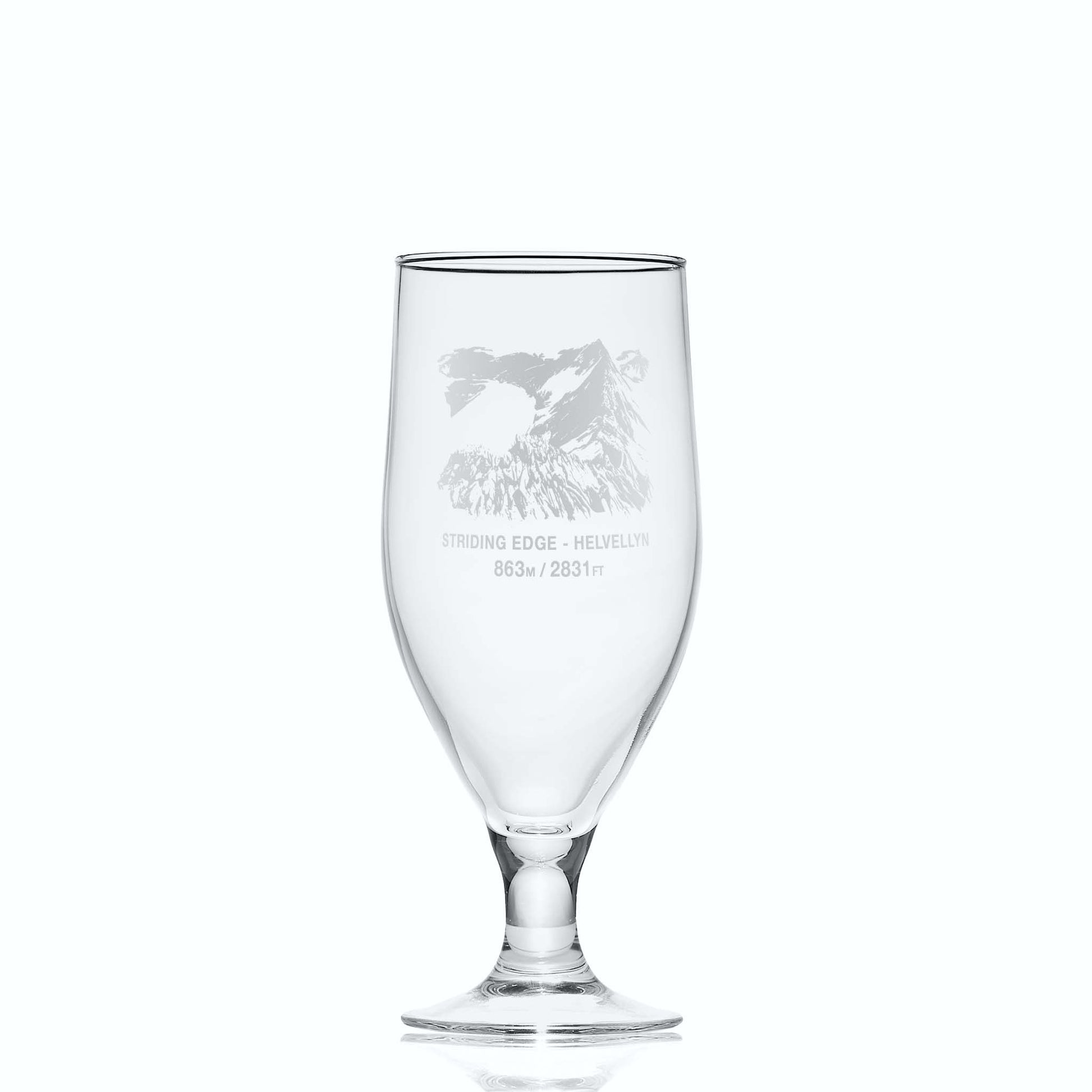 Small stemmed beer glass engraved with Striding Edge, Helvelyn, the third-highest peak in the Lake District, England