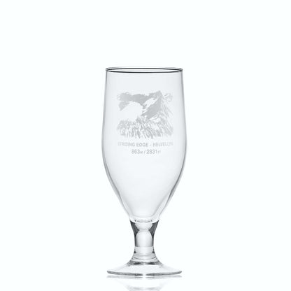 Small stemmed beer glass engraved with Striding Edge, Helvelyn, the third-highest peak in the Lake District, England