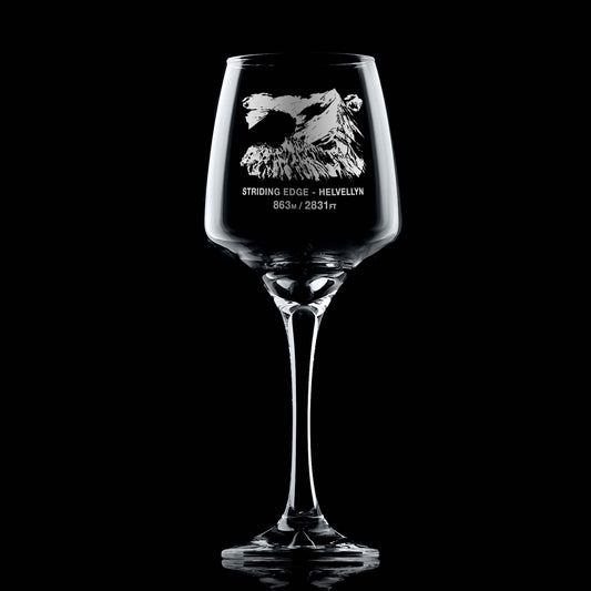 Stemmed wine glass engraved with Helvellyn's Striding Edge, the third-highest peak in the Lake District, England