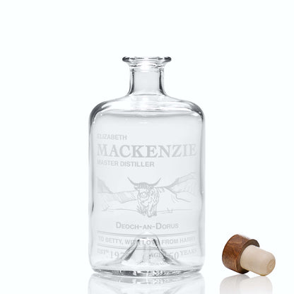 Personalised Decanter bottle featuring a Highland Coo in front of Scottish  mountains