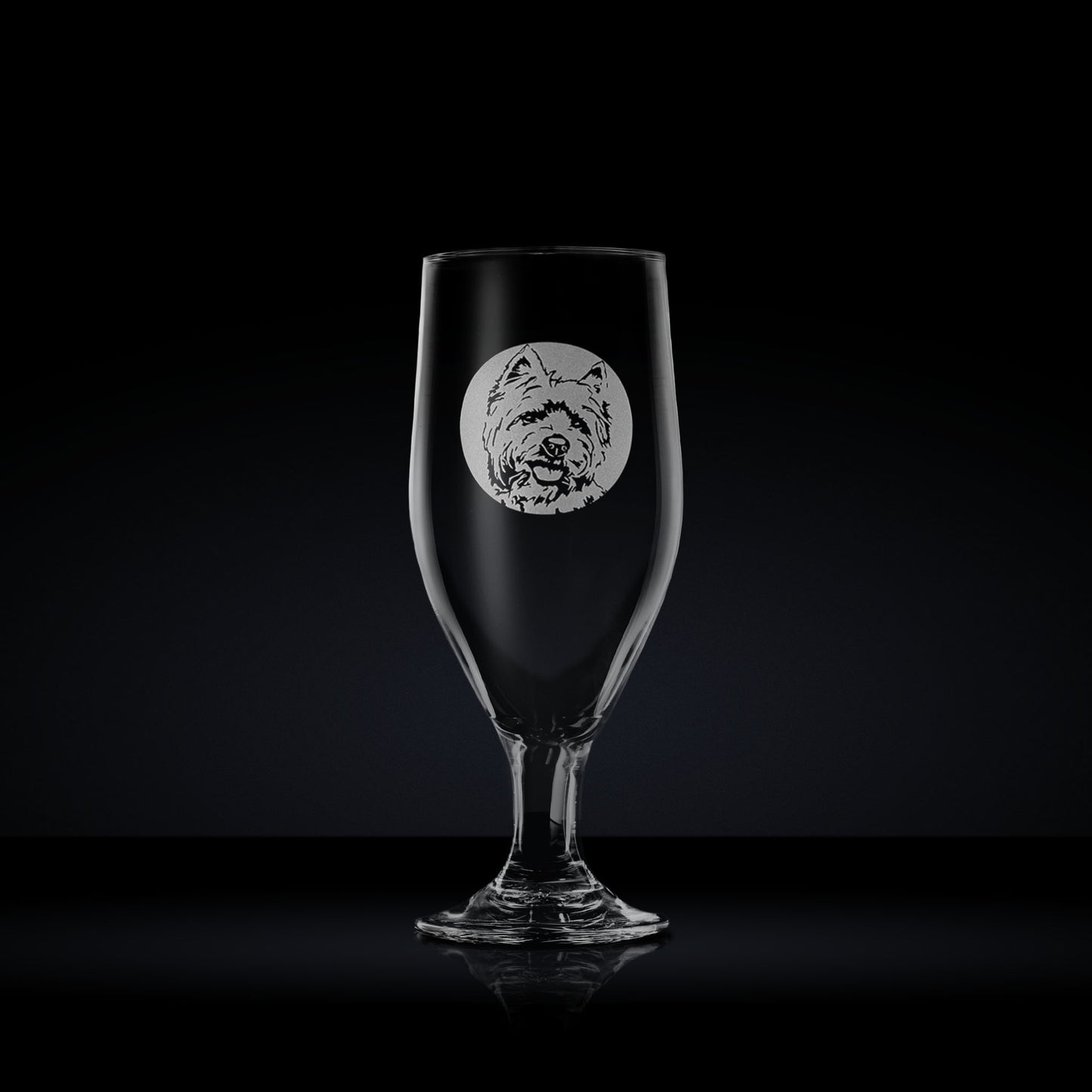 engraved chalice style stemmed beer glass etched with a portrait of a highland terrier dog