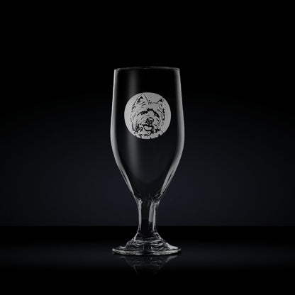 engraved chalice style stemmed beer glass etched with a portrait of a highland terrier dog