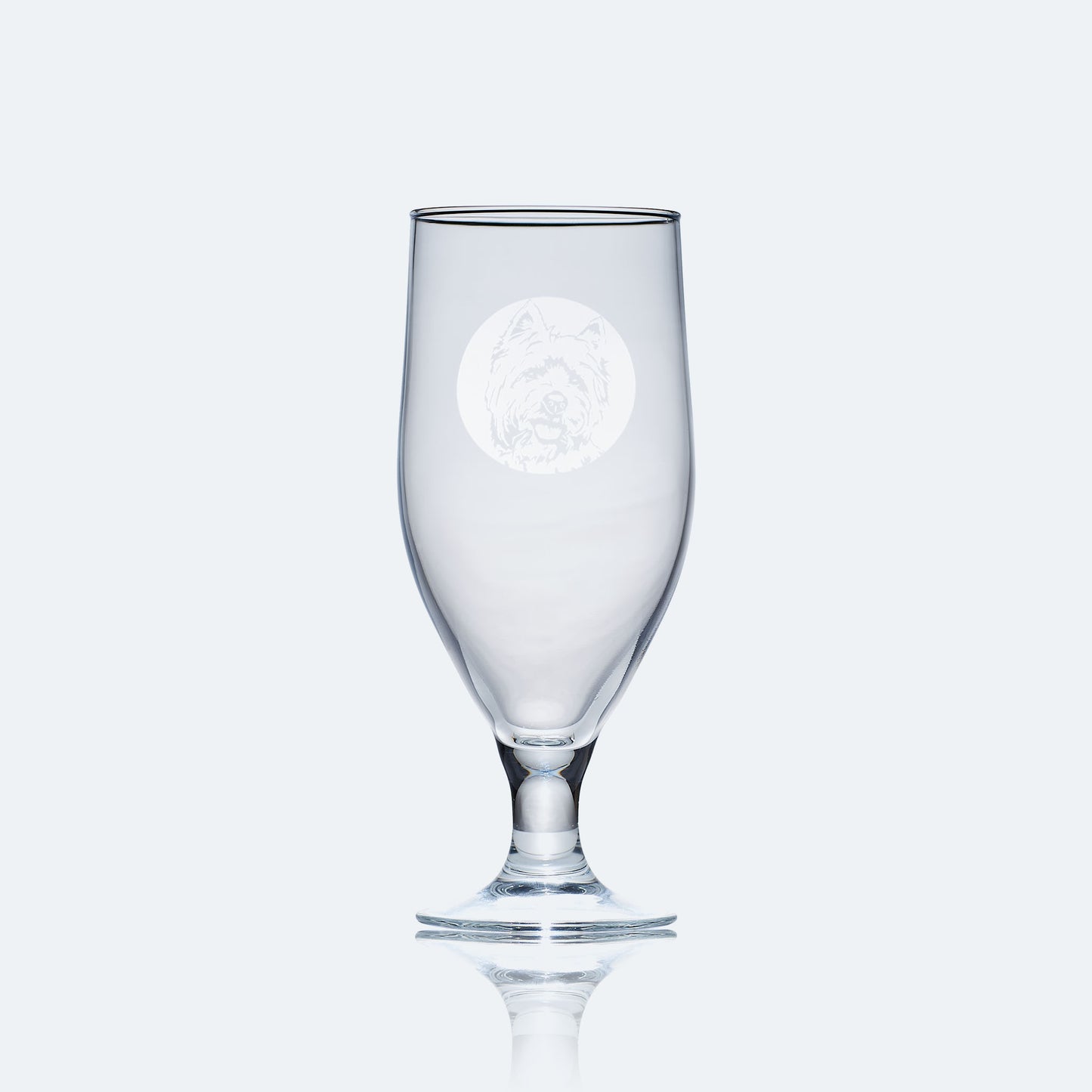 engraved chalice style stemmed beer glass etched with a portrait of a highland terrier dog