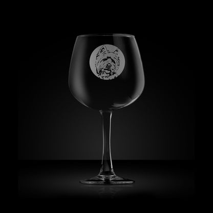 etched balloon gin glass engraved with a portrait of a highland terrier dog