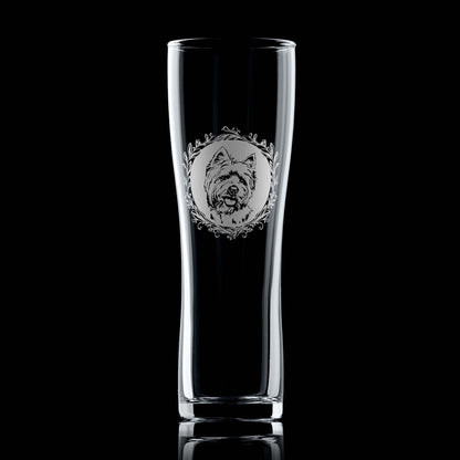 Pint Glass with engraved highland terrier portrait in circular frame with leafy garland