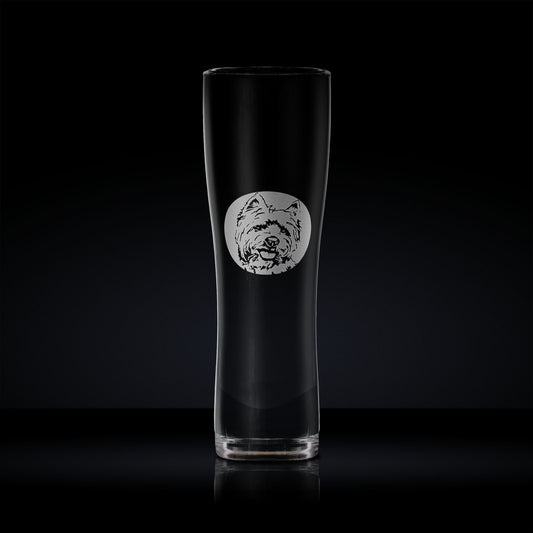 pet dog pint glass engraved with a highland terrier portrait