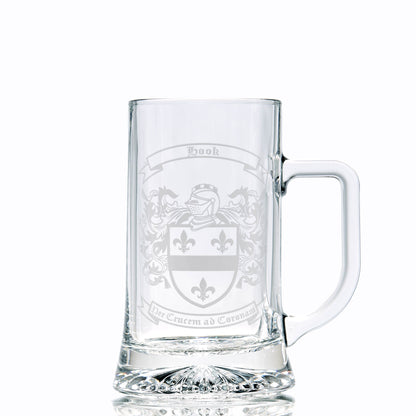 Hook heraldic crest on beer tankard — crisp detail, satin sandblasted finish.