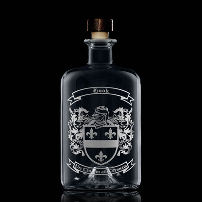 Hook coat of arms on apothecary-style spirit decanter — deep sandblasted engraving, Scottish studio craftsmanship.
