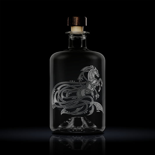 etched apothecary bottle engraved with viking horse or kelpie and celtic design