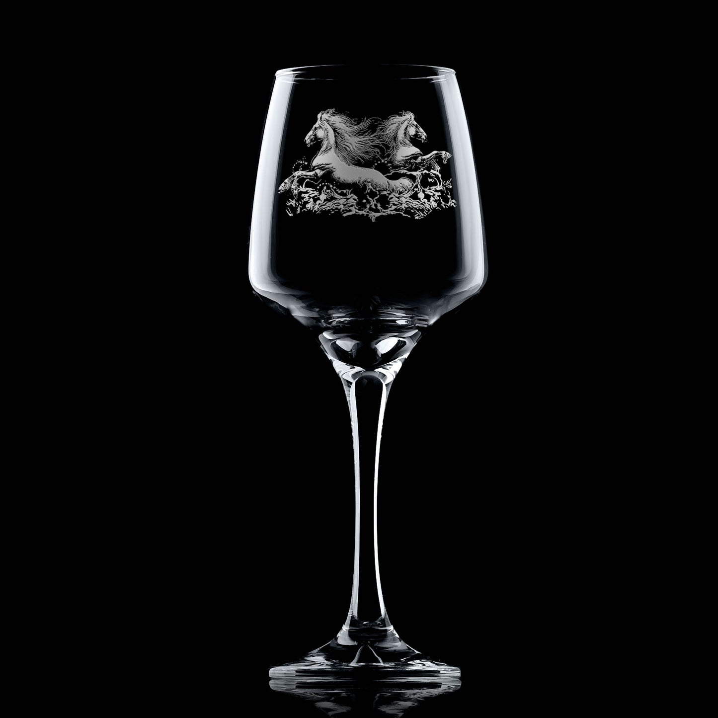 Personalised Wine glass engraved with two kelpies (water horses) emerging from the water.