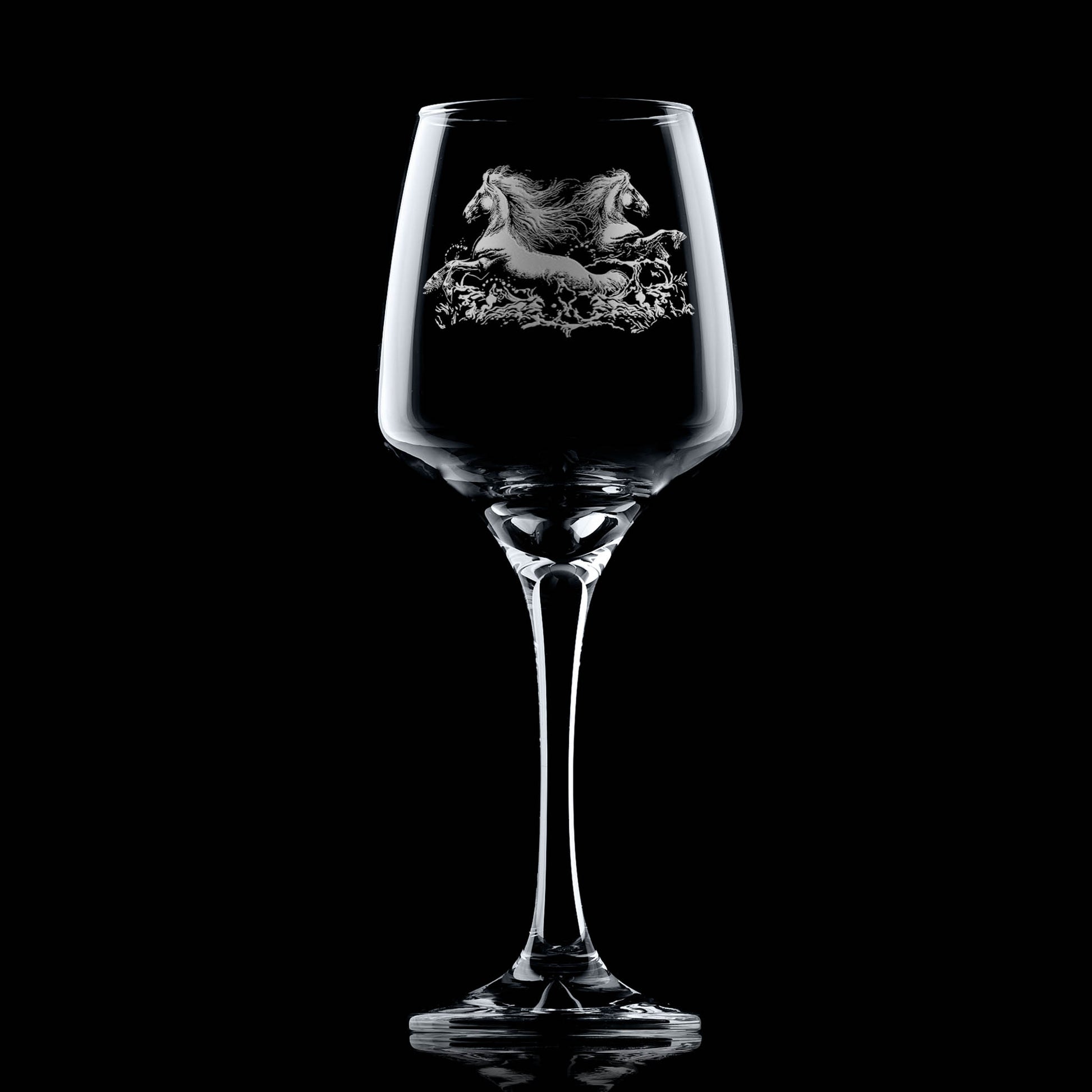 Personalised Wine glass engraved with two kelpies (water horses) emerging from the water.
