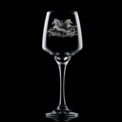 Personalised Wine glass engraved with two kelpies (water horses) emerging from the water.
