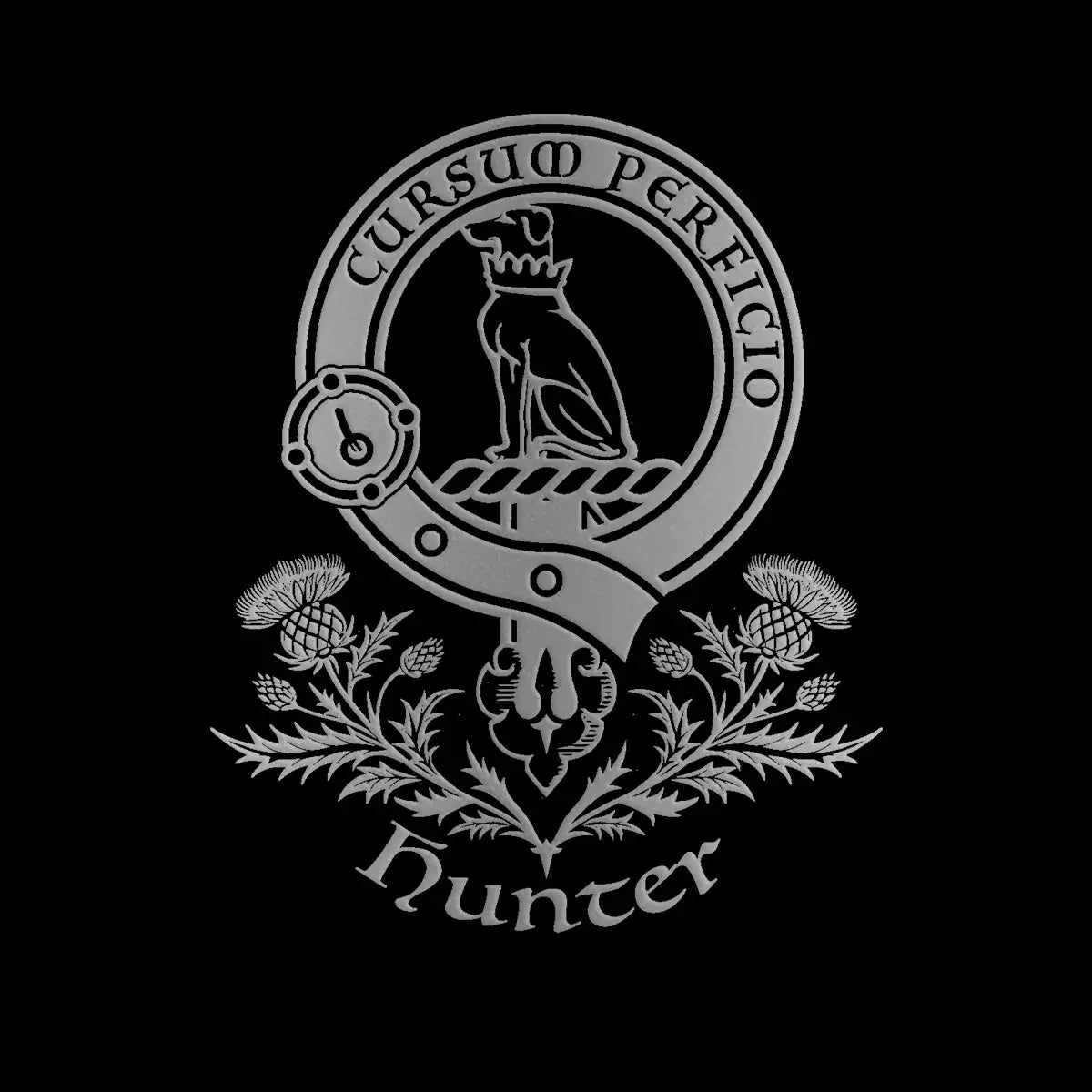 Engraved Hunter clan crest design — digital mock-up for reference; artwork engraved by Just The Ticket in our Fife studio