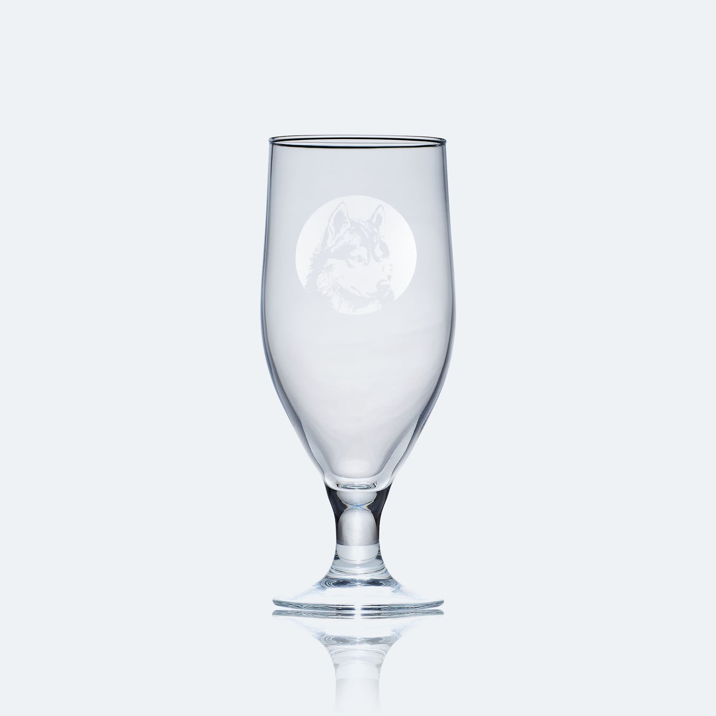 engraved chalice style stemmed beer glass etched with a portrait of a husky dog