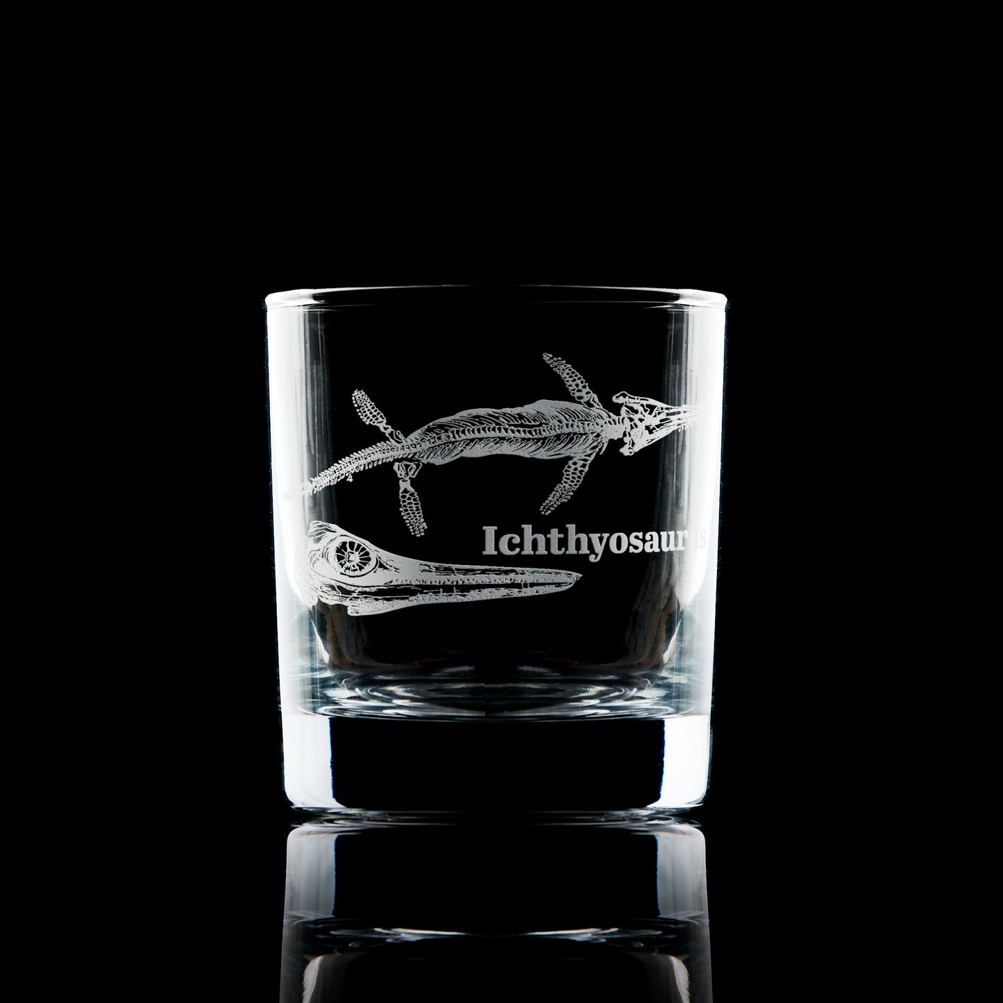 Engraved whisky glass with Ichthyosaur fossil design – ideal for dinosaur lovers