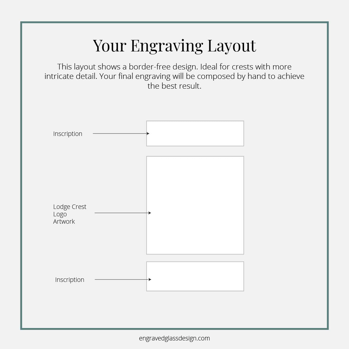 Engraving layout diagram with labeled sections for inscription and lodge crest on a white background.