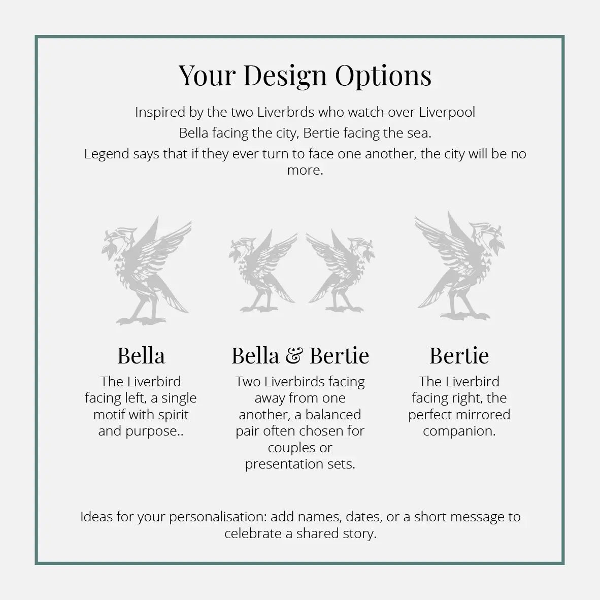 Design options for Liverbirds inspired by the two watch over Liverpool, with descriptions of Bella, Bella & Bertie, and Bertie.