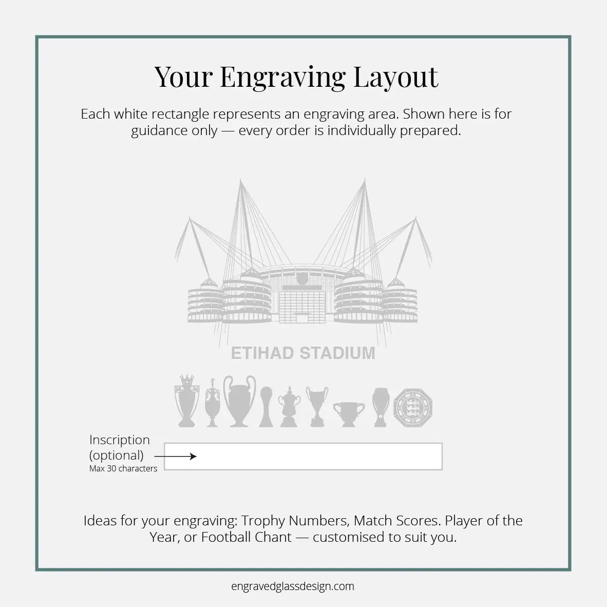Engraving layout diagram for Manchester City Etihad football Stadium with sample championship trophies and inscription area.
