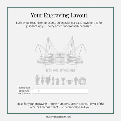 Engraving layout diagram for Manchester City Etihad football Stadium with sample championship trophies and inscription area.