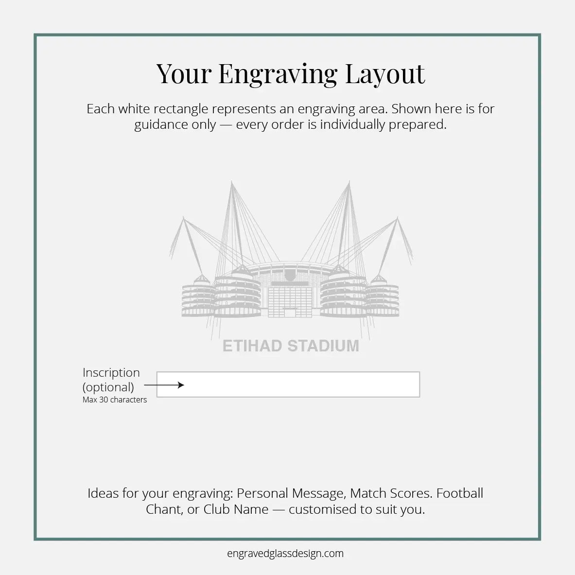 Glass engraving layout diagram for Etihad Stadium in Manchester with inscription area and example text.