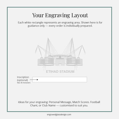 Glass engraving layout diagram for Etihad Stadium in Manchester with inscription area and example text.
