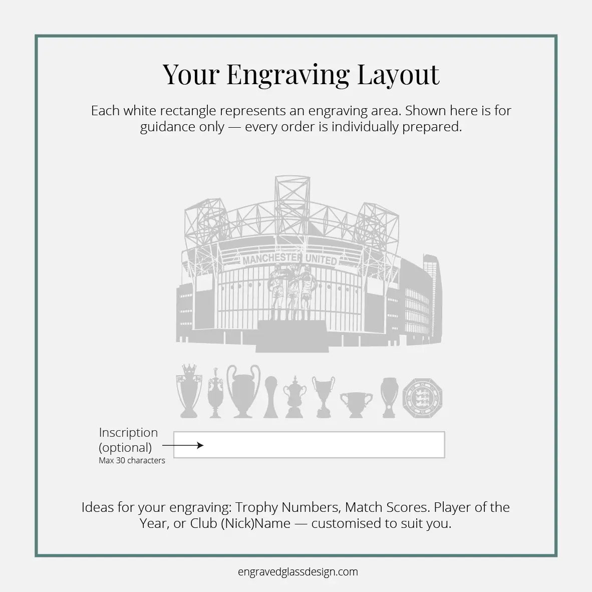 Engraving layout diagram with Old Trafford stadium illustration and inscription area on a white background