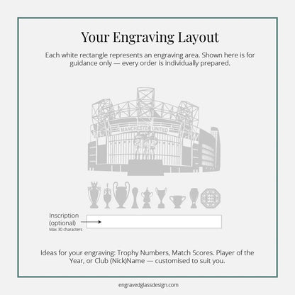 Engraving layout diagram with Old Trafford stadium illustration and inscription area on a white background