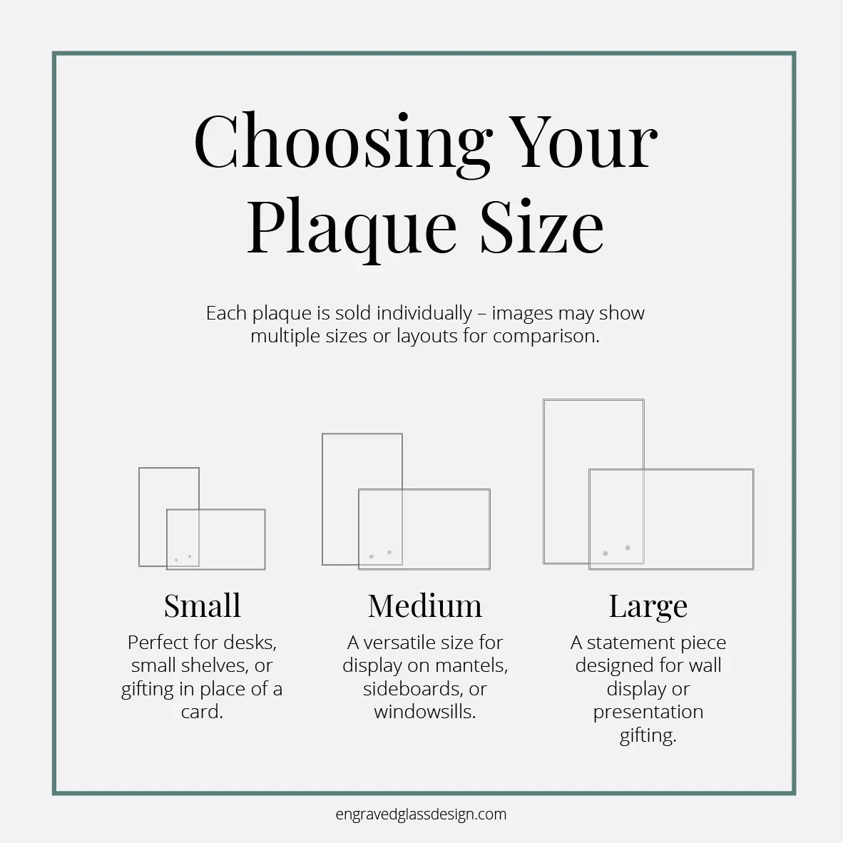 Size comparison chart for engraved glass plaques showing three available sizes and orientation options.