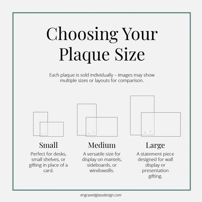 Size comparison chart for engraved glass plaques showing three available sizes and orientation options.