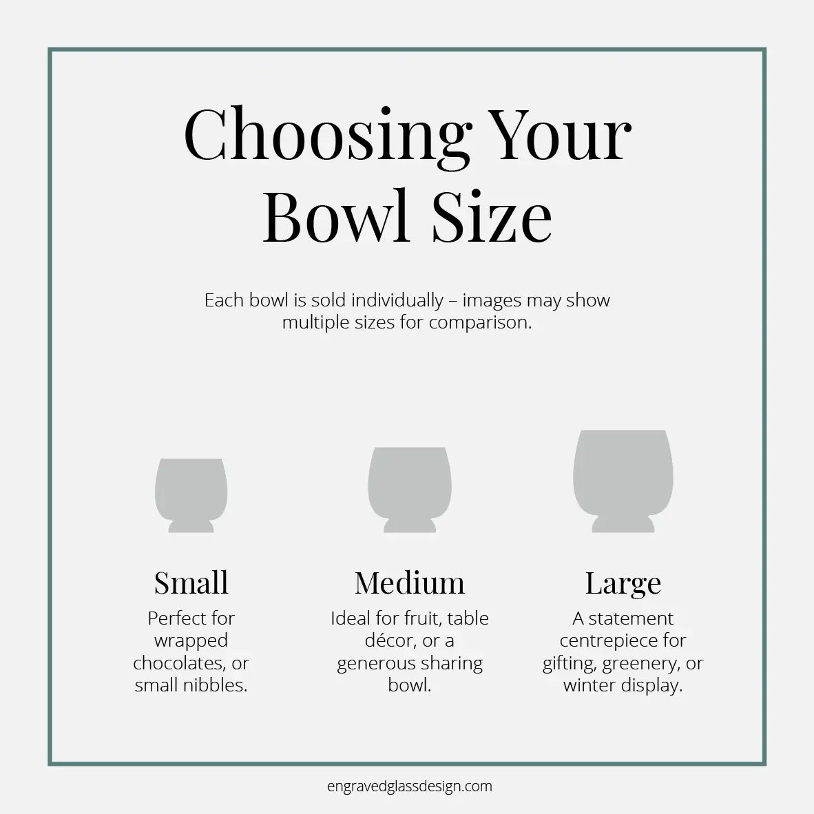 Infographic showing three Atelier presentation bowls in small, medium, and large sizes for comparison — each sold separately.